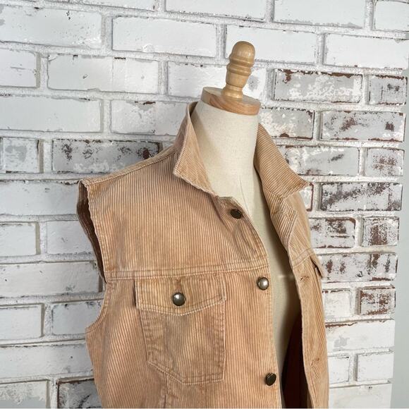 Vintage 90s Just In Tan Corduroy Button-Down Sleeveless Cotton Boho Jacket Vest - Picture 2 of 9